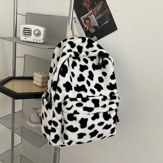 Soft Plush Backpack For Women Large Capacity Girl School Bag Cute Cow Pattern Rucksack Winter New Travel Knapsack