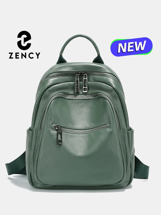 Zency Dark Green Genuine Leather Backpack For Women Large Capacity Travel Rucksack Knapsack For Ladies Satchel SchoolBag 2024